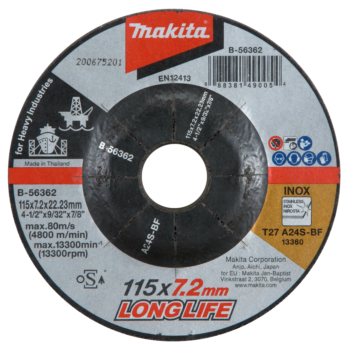 Disco Desbaste Metal/inox 115x7.2mm Long Life Makita B-56362 Negro