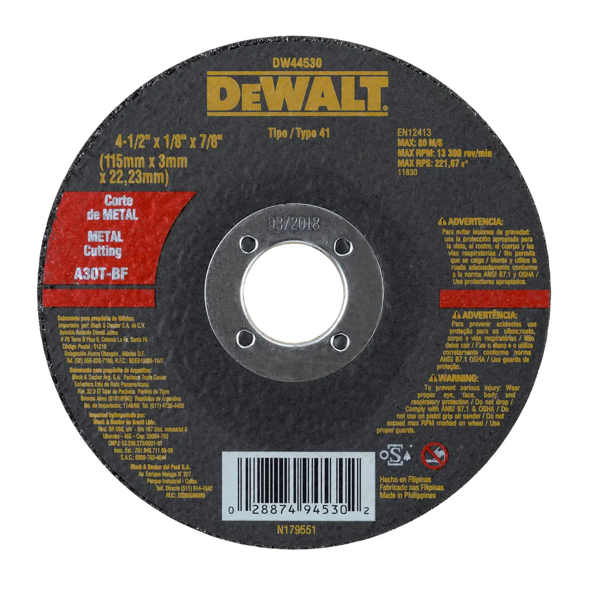 Pack 10 Disco Abrasivo Corte Metal 4-1/2  Dewalt Dw44530 X10 Negro