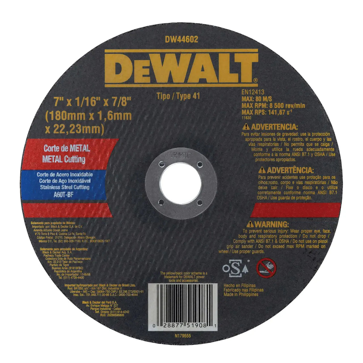 Pack 5 Disco Corte Metal 7  X 1/16'' X 7/8'' Dw44602 Dewalt Negro