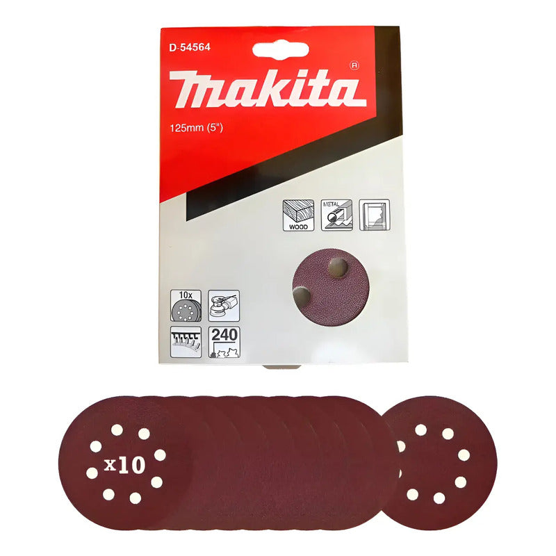 10 Discos Lija Velcro 125mm Grano 240 Makita D-54564