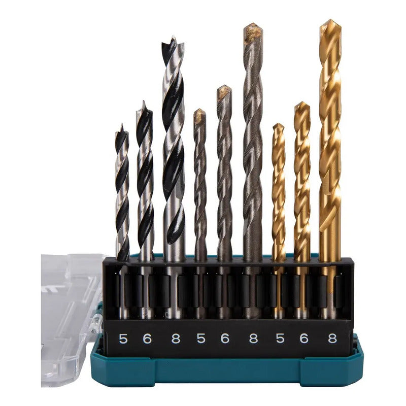 Set 9 Brocas Madera Metal Mampostería + Estuche Makita