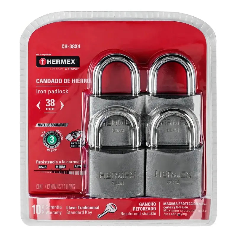 Set 4 Candados Hermex 38mm (4 Llaves Gris