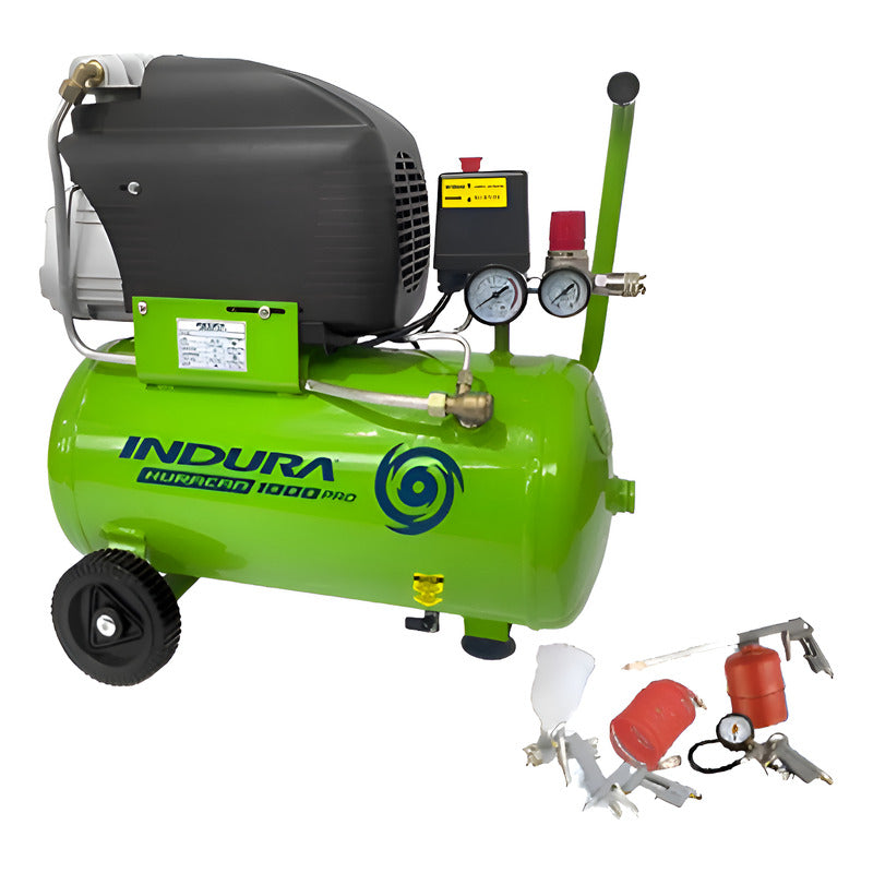 Compresor Huracán 1000 Pro 24 Lts. 1.5hp + Kit 5 Pzs. Indura Verde 50 Hz Monofásica