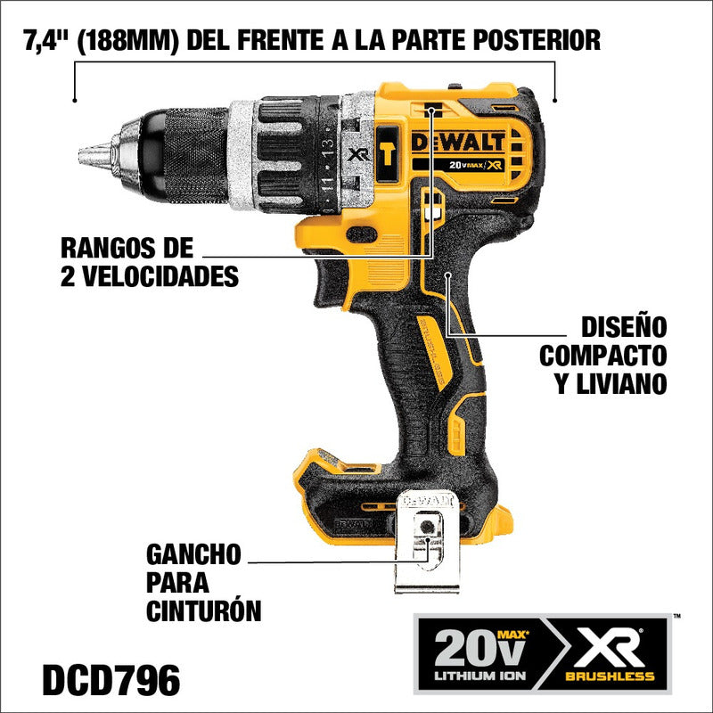 Taladro Percutor Atornillador Inalámbrico De 13mm Dewalt Dcd796p1 + 1 Batería De 5ah + Accesorio Con Maletín De Transporte Amarillo