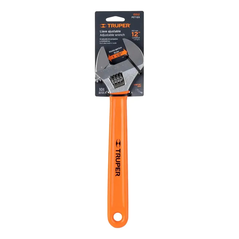 Llave Ajustable Francesa 12 PuLG. Cromada Mango Pvc Truper Naranja