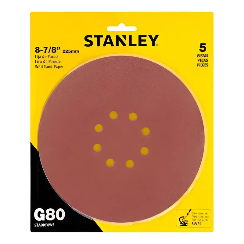 Disco Lijador Grano 80 De 8-7/8 225mm 5 Unidades Stanley - Amarillo
