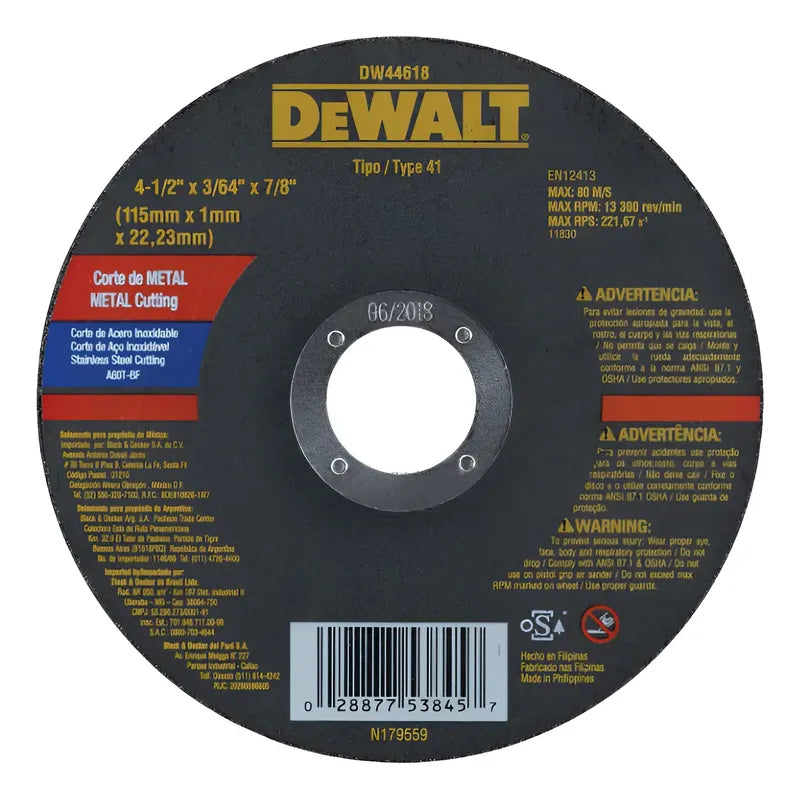 Pack 10 Disco Corte Metal 115mm 4 1/2 X 1 Mm Dewalt-dw44618 Negro