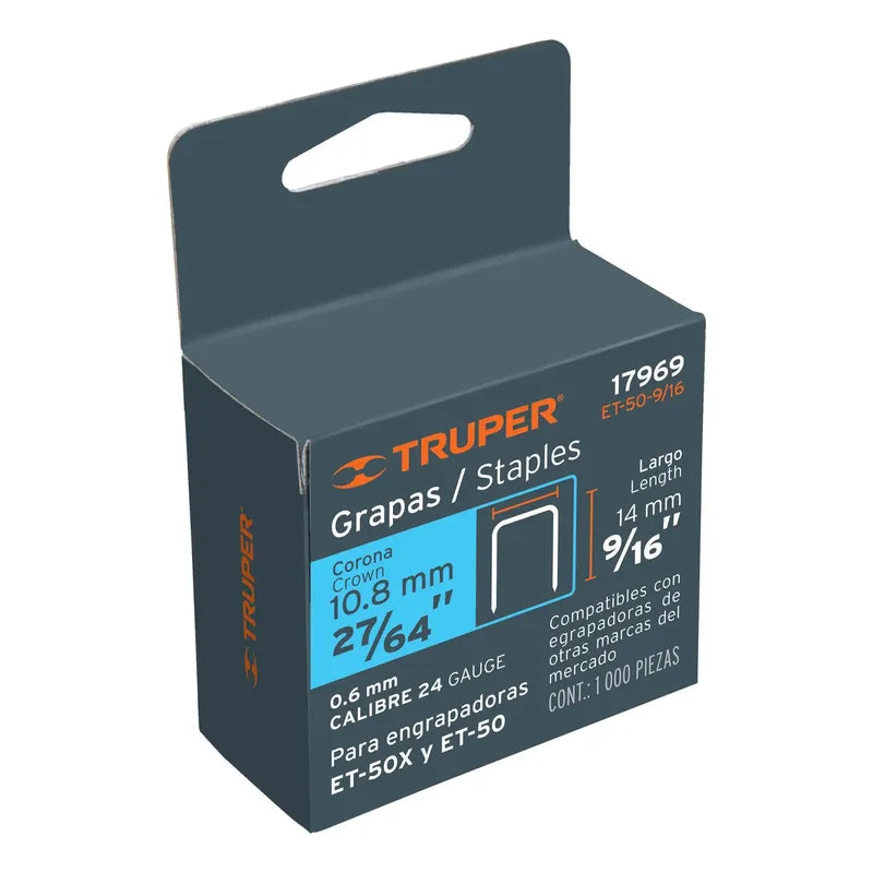 Grapa 9/16 Pulgadas Et-50-9/16 (14mm) 1.000 Pzas Truper  Naranjo