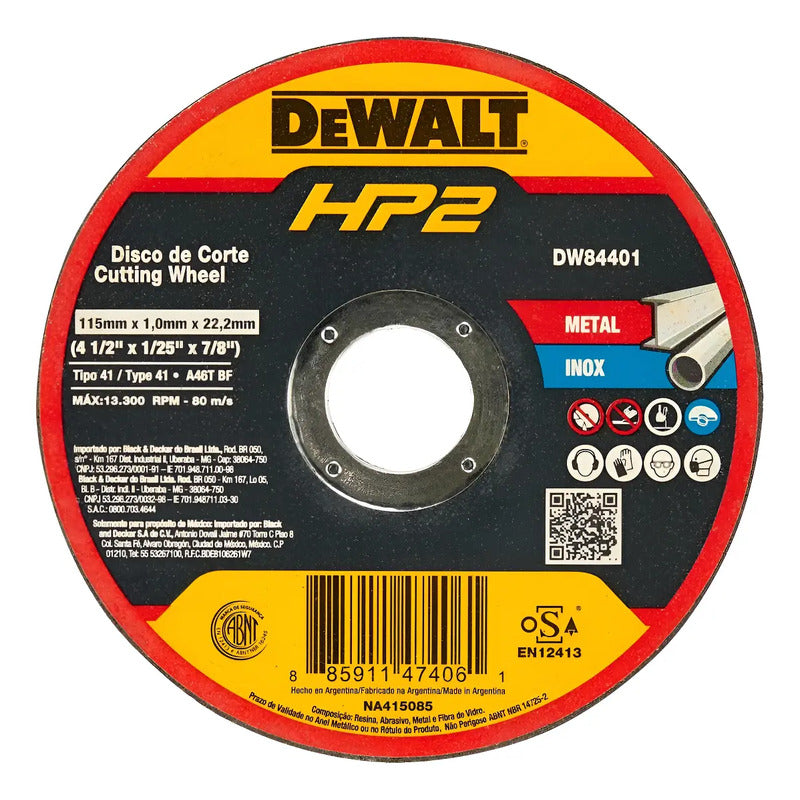 Pack 10 Discos Corte Metal/inox 4-1/2x1mm Hp2 Dw84401 Dewalt Amarillo