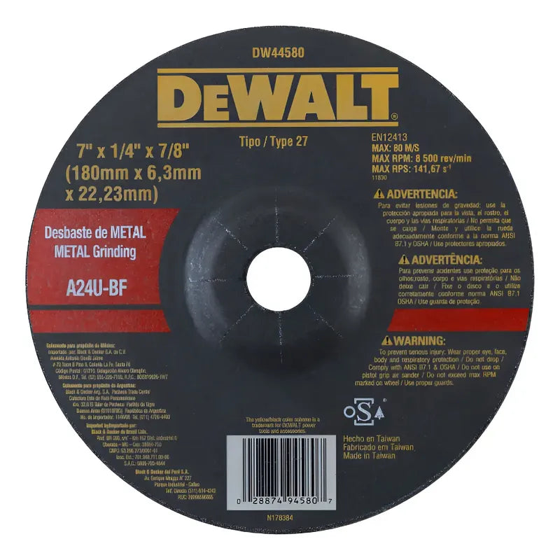 Pack 5 Discos De Desbaste Metal 7''x6,3x22,23mm - Dewalt Negro