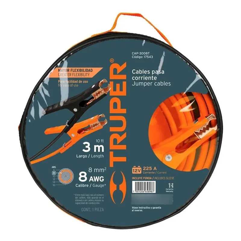 Cable Puente Bateria Truper 225a - Cable 3 Mts Calibre 8 Awg