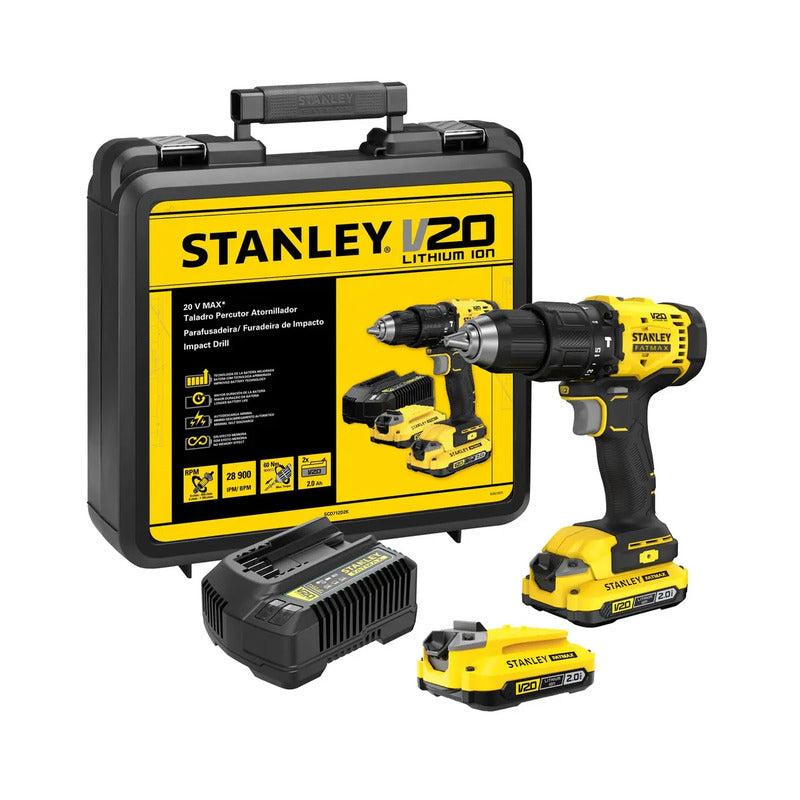 Kit Taladro Percutor 20v + Accesorios Stanley Scd712d2k-b2 A Amarillo