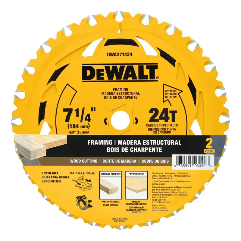 Pack 3 Discos De Sierra 7-1/4''x5/8'' 24 Dientes - Dewalt Amarillo