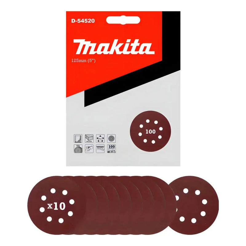 10 Discos Lija Con Velcro 125mm (5) Grano 100 Makita D-54520 100