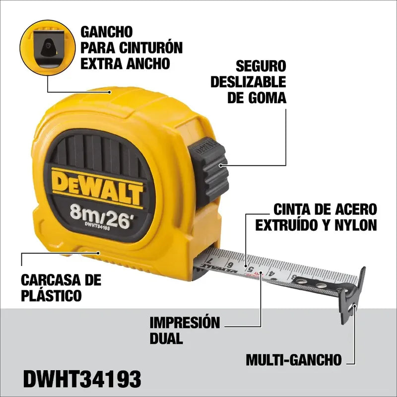 Huincha De Medir 8m/26' Diseño Compacto Dewalt Dwht34193l
