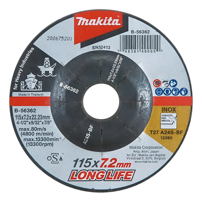 Disco Desbaste Metal/inox 115x7.2mm Long Life Makita B-56362 Negro