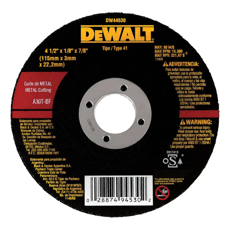 Pack 10 Disco Abrasivo Corte Metal 4-1/2  Dewalt Dw44530 X10 Negro