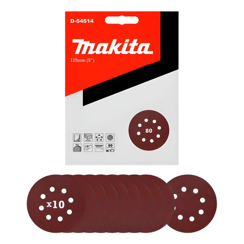 10 Discos Lija Velcro 125mm Grano 80 Makita D-54514