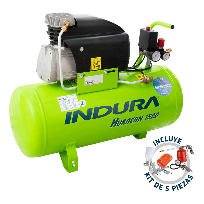 Compresor Huracan 1520 50 Lt 2 Hp Pro2 Indura + Kit 5 Pcs Verde Monofásica