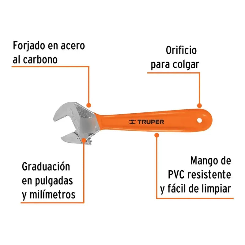 Llave Ajustable Francesa 8 PuLG. Cromada Mango De Pvc Truper Naranja