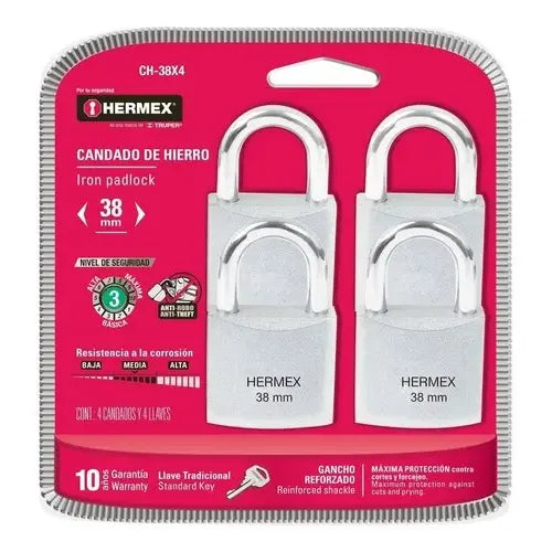 Set 4 Candados Hermex 38mm (4 Llaves Gris