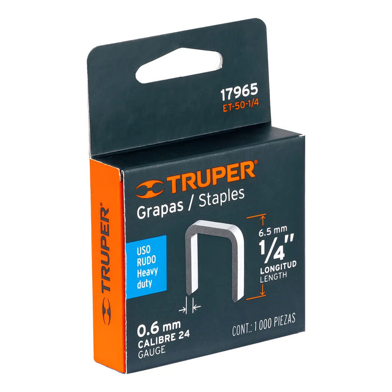 Grapas 1/4 Pulgadas 1000 Piezas Truper Et-50-1/4 17965 Metalico