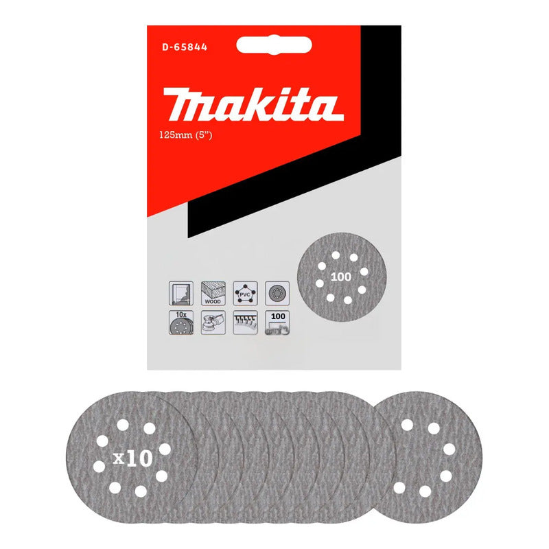 10 Discos Lija Velcro 125mm (5'') Grano 100 Makita D-65844