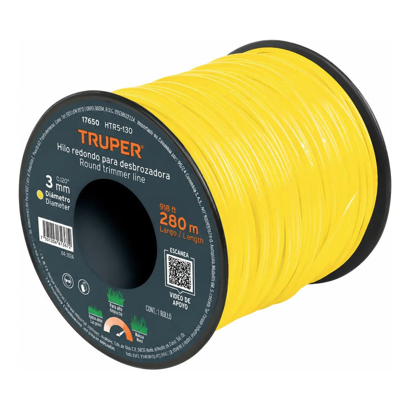 Hilo Redondo P/desbrozadora 3mm X 280m Truper 17650 Amarillo