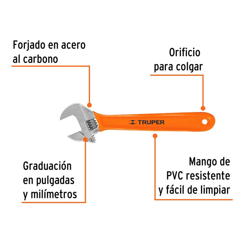 Llave Ajustable Francesa 10 PuLG. Cromada Mango Pvc Truper Naranja